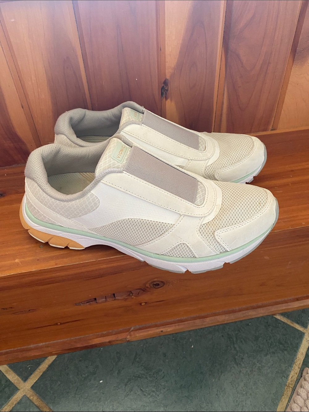 Vionic Slip-On Athletic Sneakers in White with Mint Accents